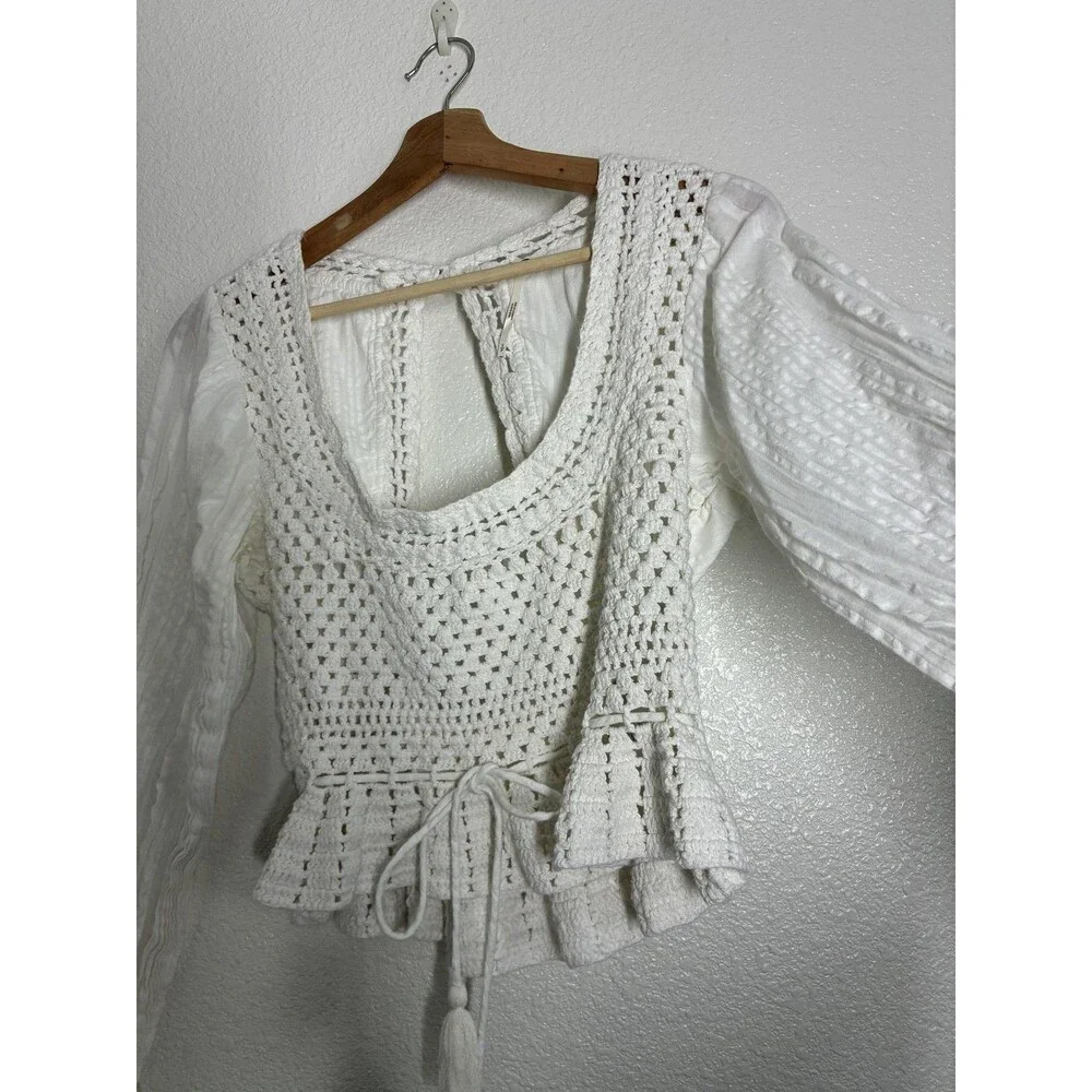 Free People Megan Crochet Top Womens Small White Cropped Bell Sleeve Boho Top